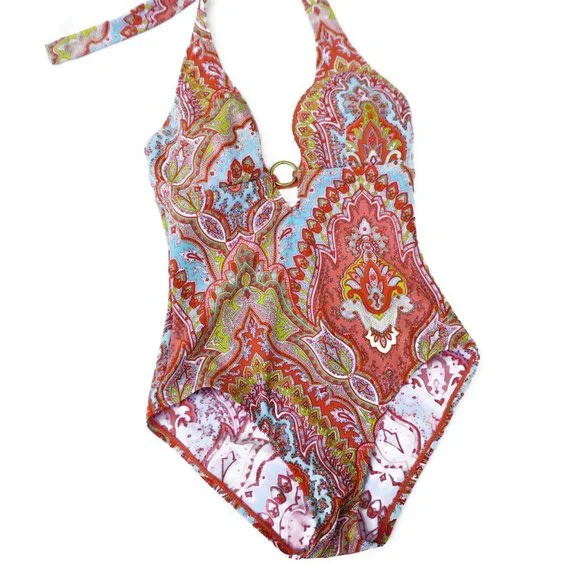 SOLD Tommy Bahama Swimsuit One Piece Halter Marrakech Padded Neutral O Ring - Picture 5 of 11